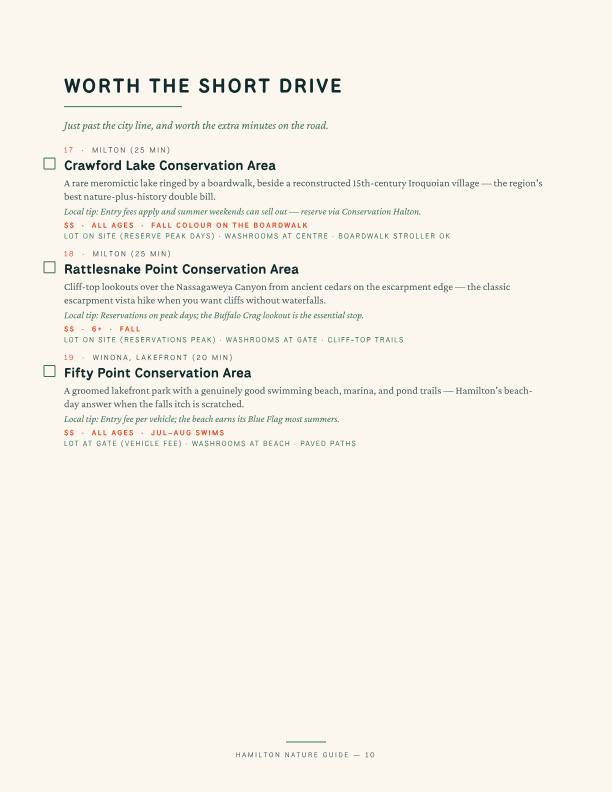 Trail entries with distance, surface, parking and washroom notes