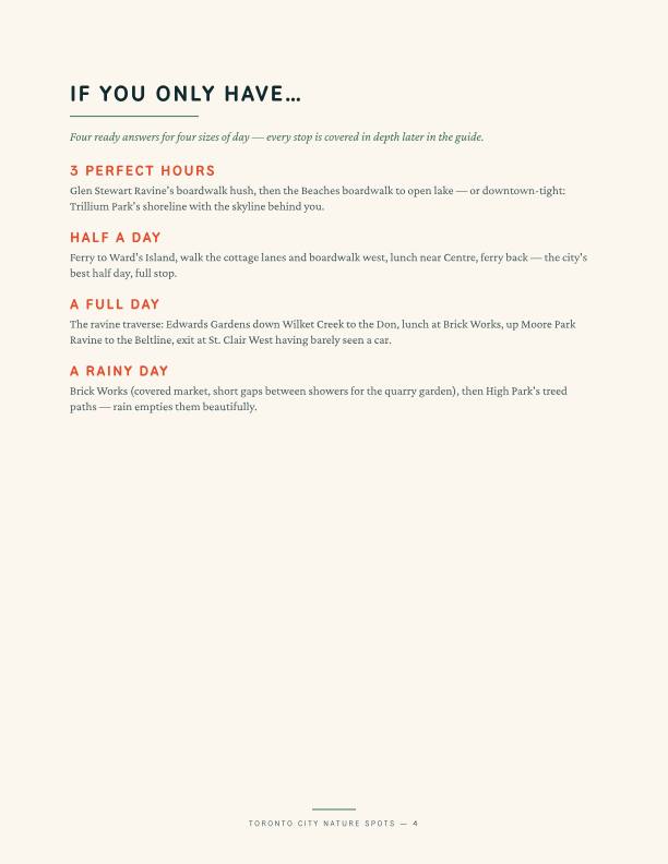 'If you only have…' page with plans for 3 hours, half a day, a full day, and a rainy day